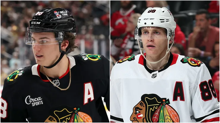 Connor Bedard (left) and Patrick Kane (right) of Chicago Blackhawks.