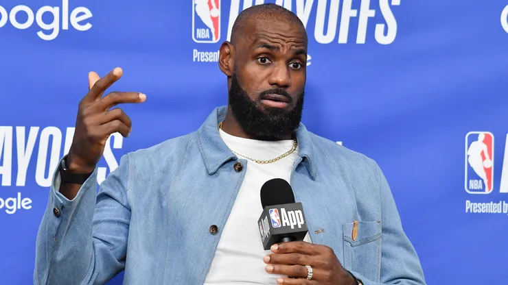 LeBron James #23 of the Los Angeles Lakers speaks.