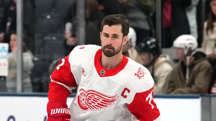 Dylan Larkin #71 of the Detroit Red Wings during warmups.
