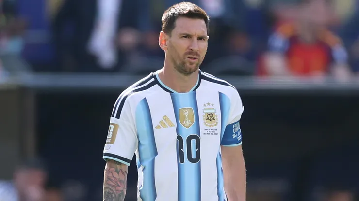 Lionel Messi #10 of Argentina looks dejected.