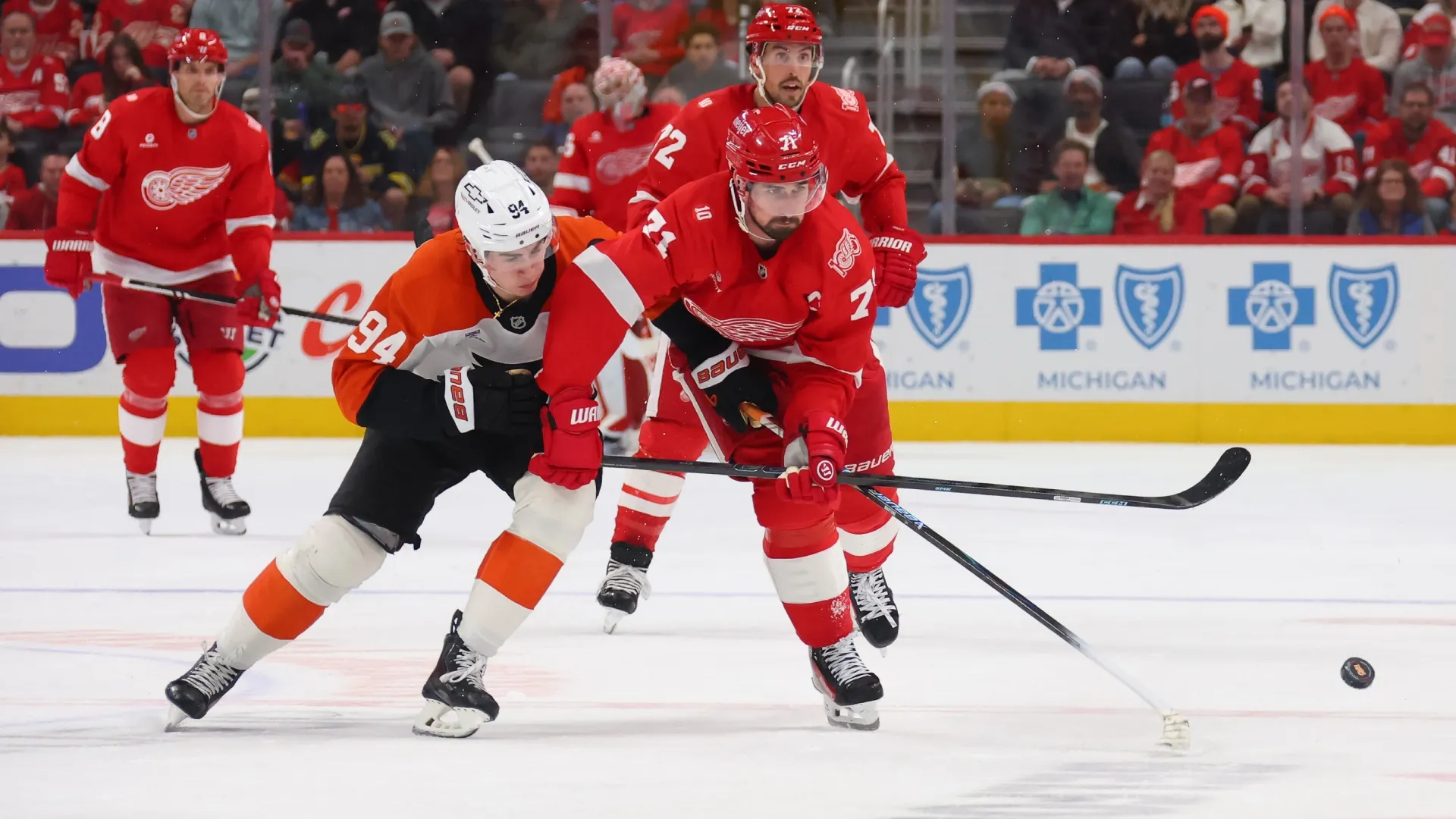 Dylan Larkin #71 of the Red Wings plays against the Flyers. Gregory Shamus/Getty Images