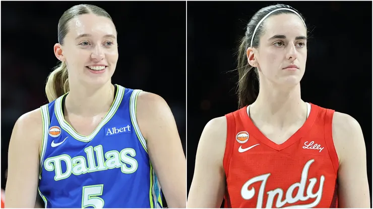 Paige Bueckers #5 of the Dallas Wings and Caitlin Clark #22 of the Indiana Fever