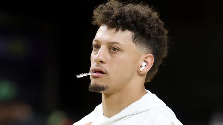 Patrick Mahomes #15 of the Kansas City Chiefs looks on during warmups.