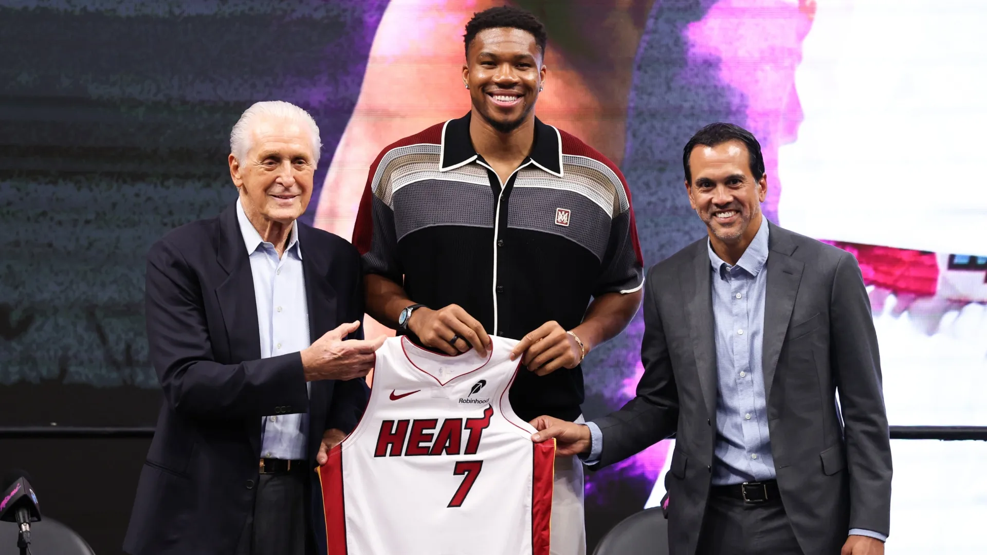 Miami Heat President Pat Riley (L) and HC Erik Spoelstra (R) pose for a photo with Giannis Antetokounmpo of the Miami Heat. Megan Briggs/Getty Images