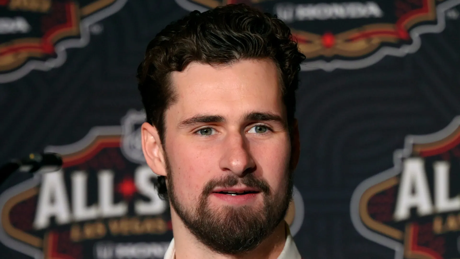 Dylan Larkin #71 of the Detroit Red Wings speaks during the Media Day as part of the 2022 NHL All-Star Weekend on February 04, 2022 in Las Vegas, Nevada.