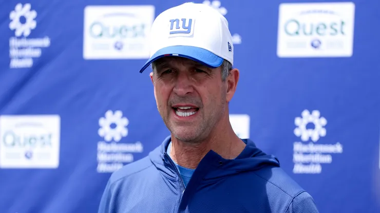 Head Coach John Harbaugh of the New York Giants speaks with media.