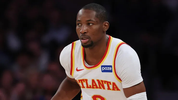 Jonathan Kuminga #0 of the Atlanta Hawks dribbles during the second half of Game Five.