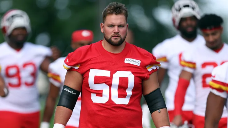 Pete Nygra #50 walks toward the practice field during Kansas City Chiefs Training Camp