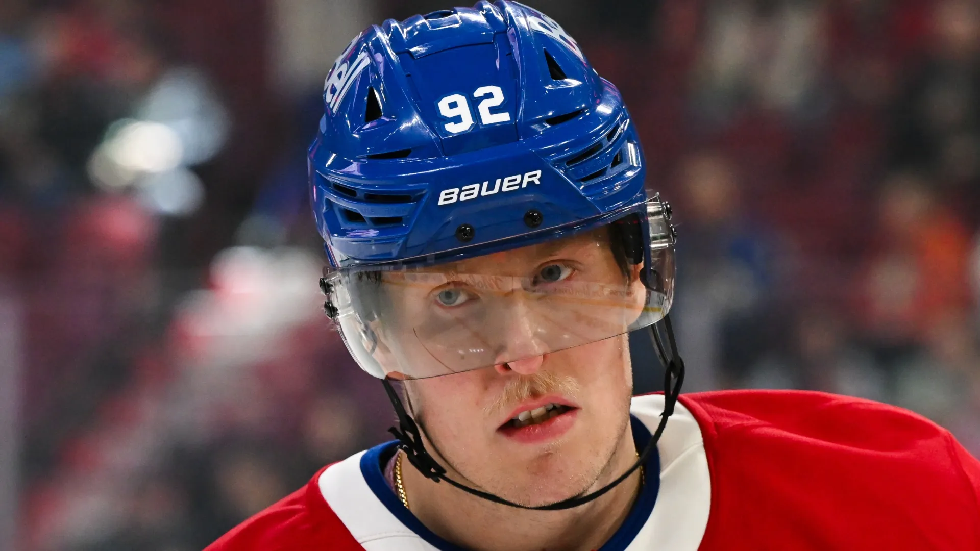 Patrik Laine skates during warmups prior to the game against the Toronto Maple Leafs at the Bell Centre on January 18, 2025 in Montreal, Quebec, Canada. 
