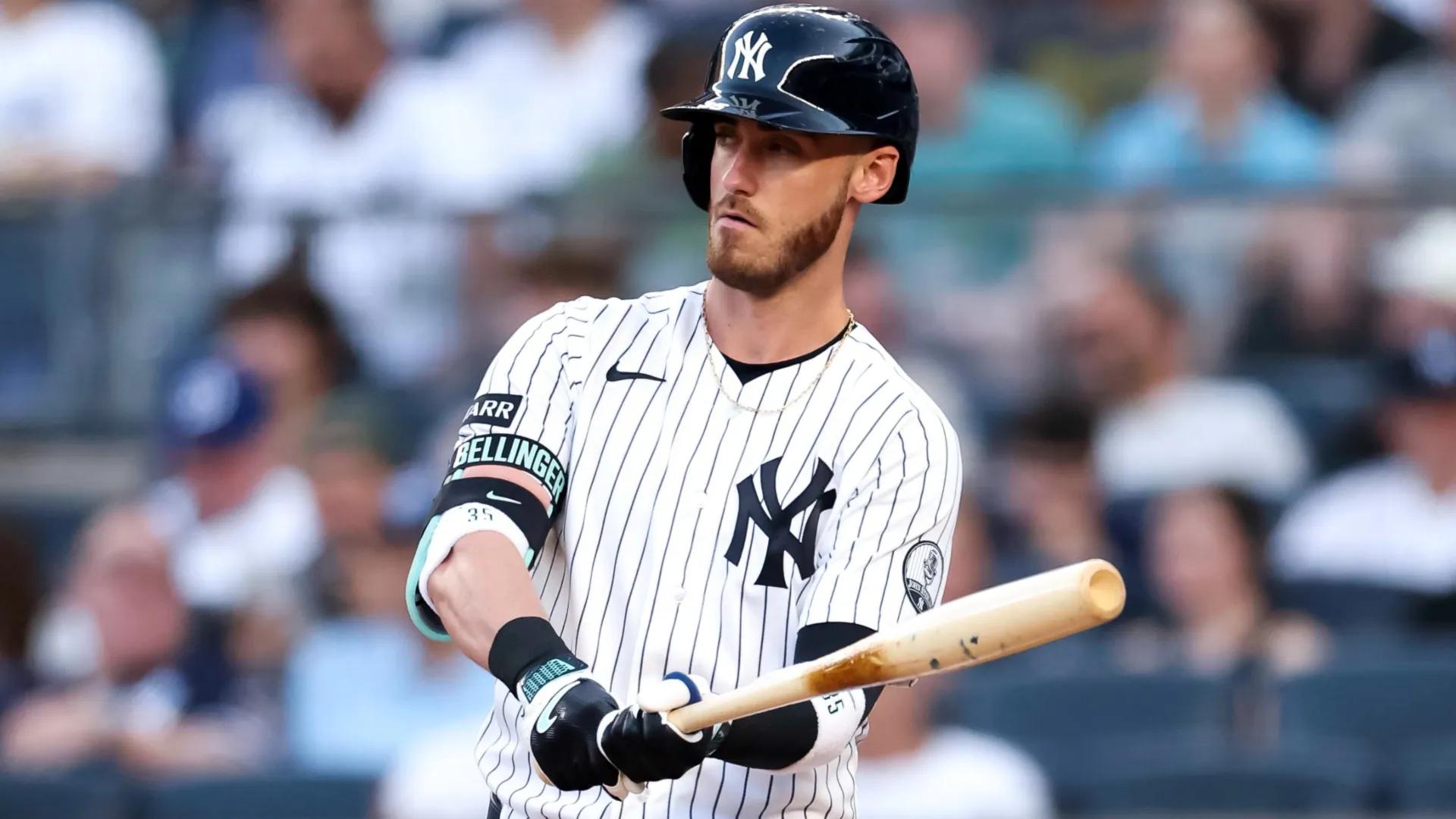 Cody Bellinger #35 of the New York Yankees strikes out. Caleb Bowlin/Getty Images