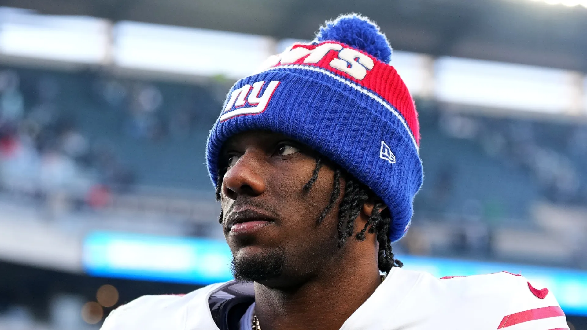 Malik Nabers #1 of the New York Giants walks off the field after a 20-13 loss to Philadelphia Eagles at Lincoln Financial Field on January 05, 2025 in Philadelphia, Pennsylvania