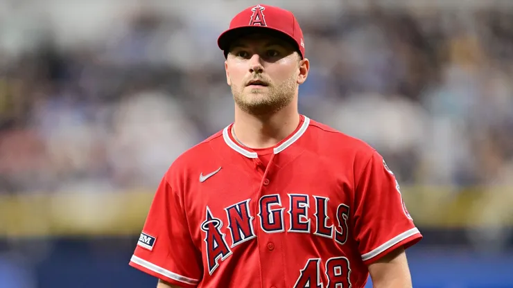 Reid Detmers #48 of the Los Angeles Angels walks back to the dugout.
