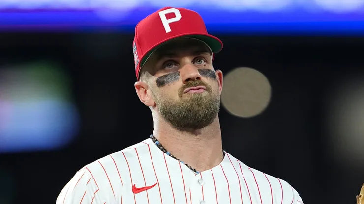 Bryce Harper #3 of the Philadelphia Phillies reacts after an out.