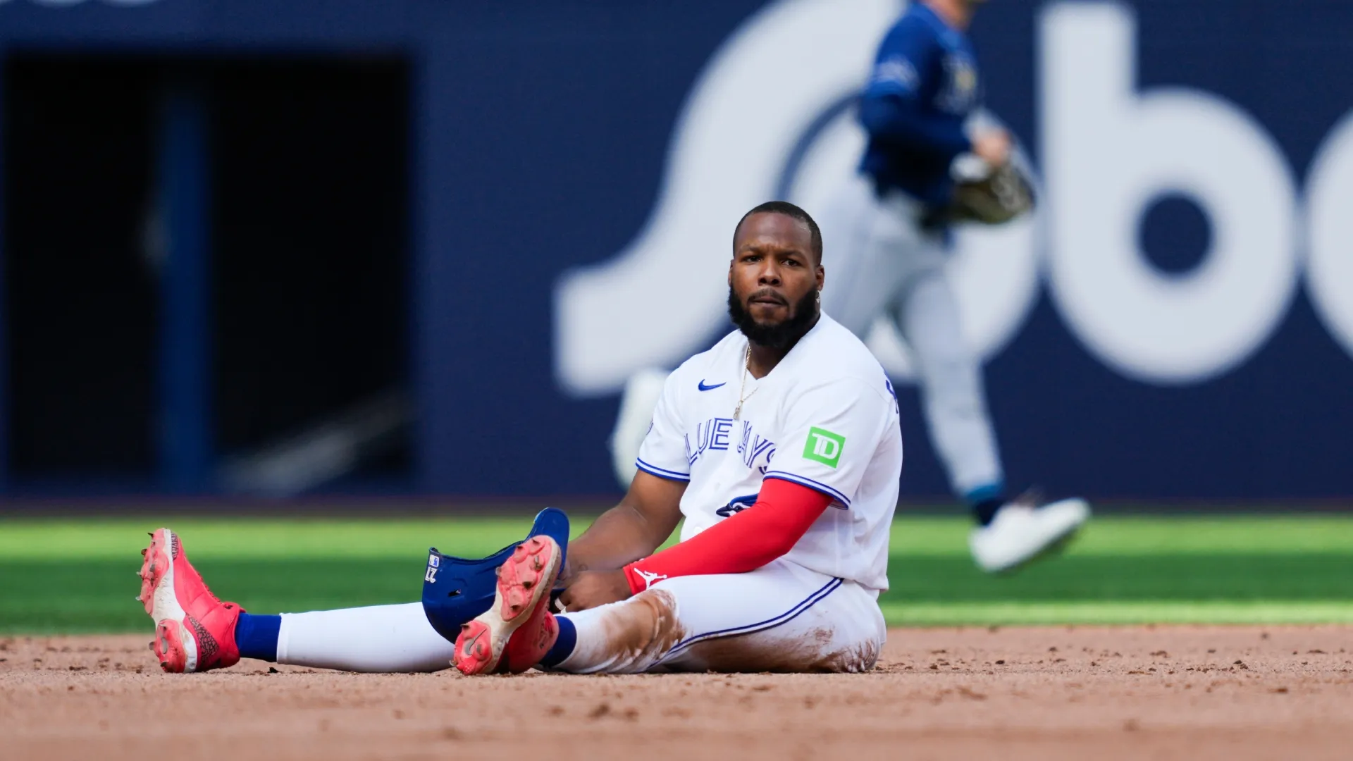 Vladimir Guerrero Jr. #27 of the Toronto Blue Jays reacts after being caught stealing. Mark Blinch/Getty Images