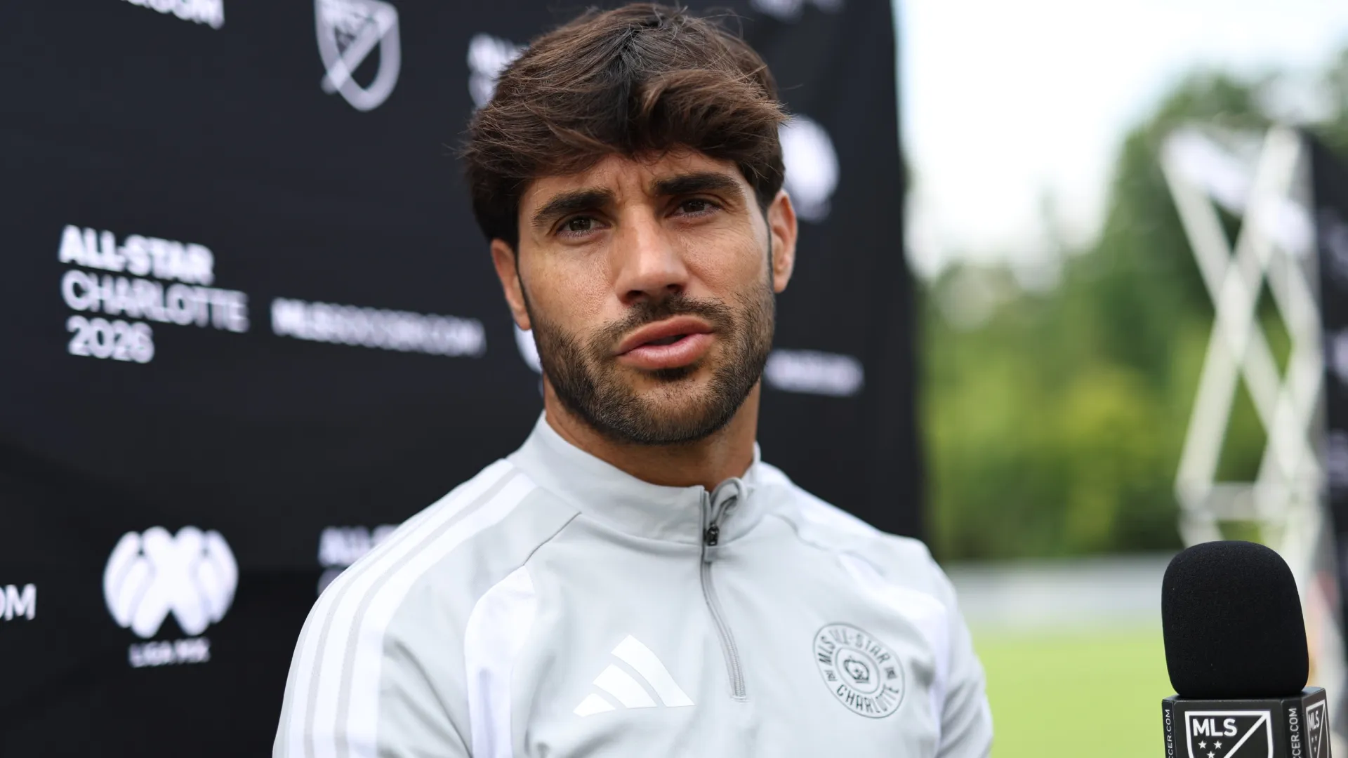 Carles Gil of MLS All-Star speaks with the media during a mix zone head of the game (Source: Omar Vega/Getty Images)