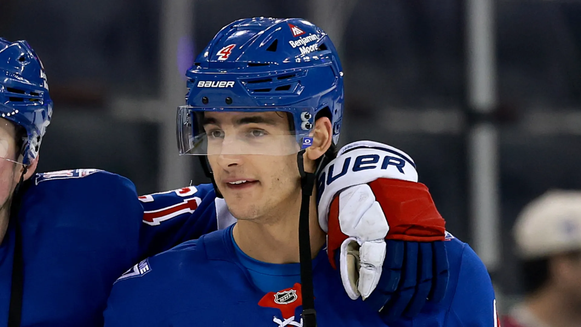 Braden Schneider #4 of the New York Rangers react during warm ups before the game against the Washington Capitals at Madison Square Garden on April 05, 2026 in New York City.