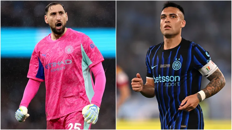 Gianluigi Donnarumma of Manchester City and Lautaro Martinez of Inter Milan