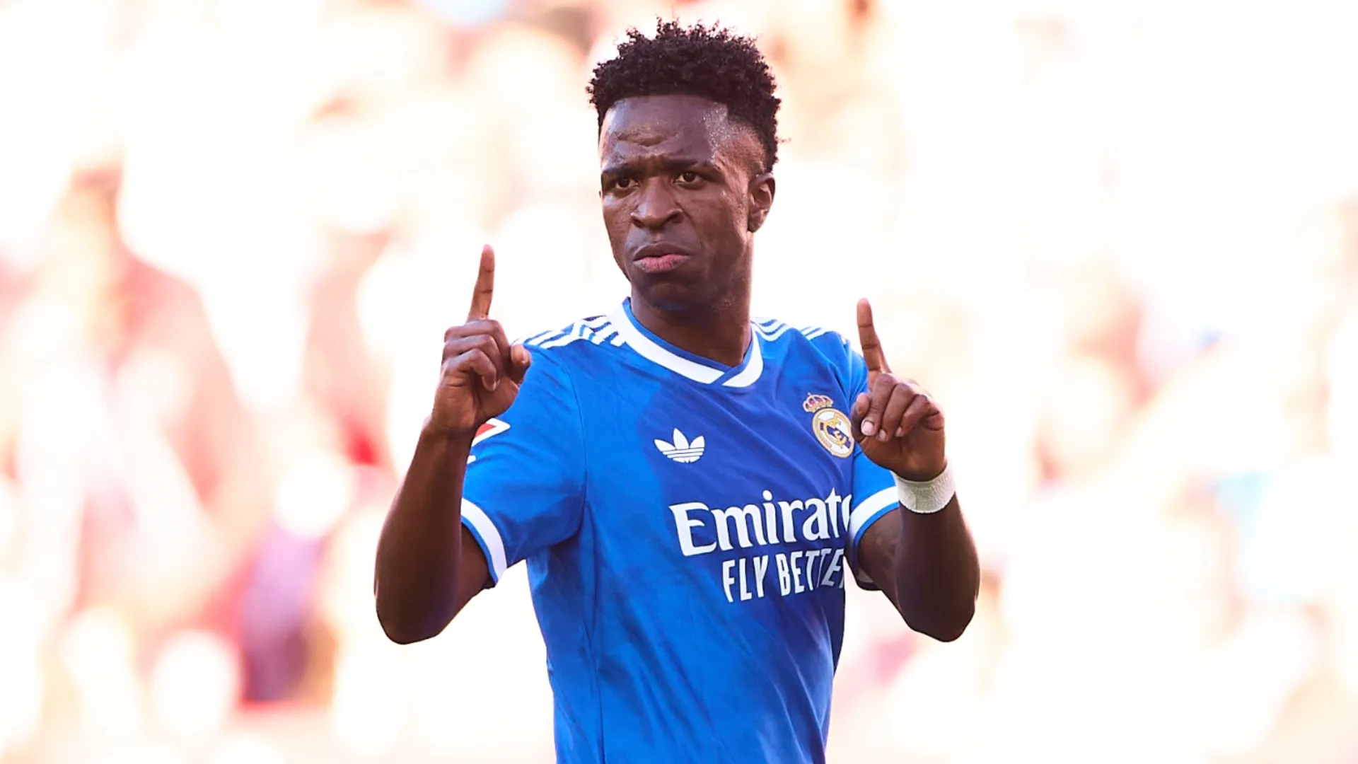 Vinicius Junior of Real Madrid reacts during the LaLiga EA Sports match (Source: Fran Santiago/Getty Images)