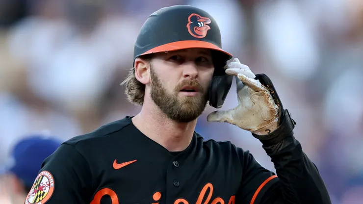 Taylor Ward #3 of the Baltimore Orioles reacts after he is tagged out.