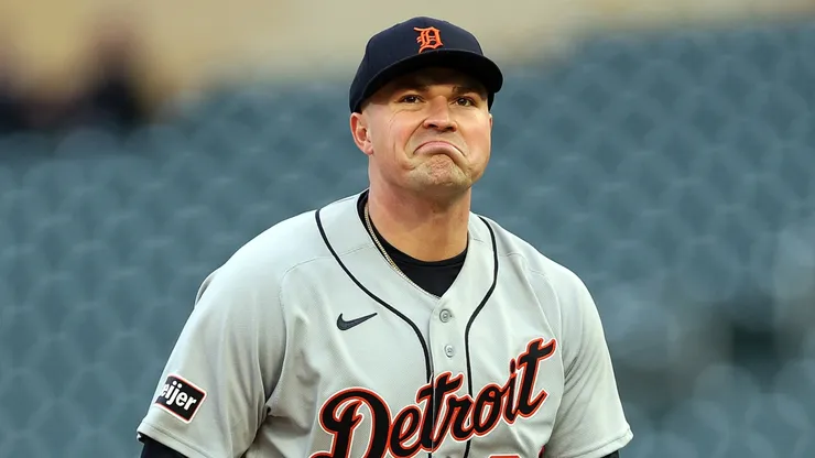 Tarik Skubal #29 of the Detroit Tigers reacts to his strikeout.
