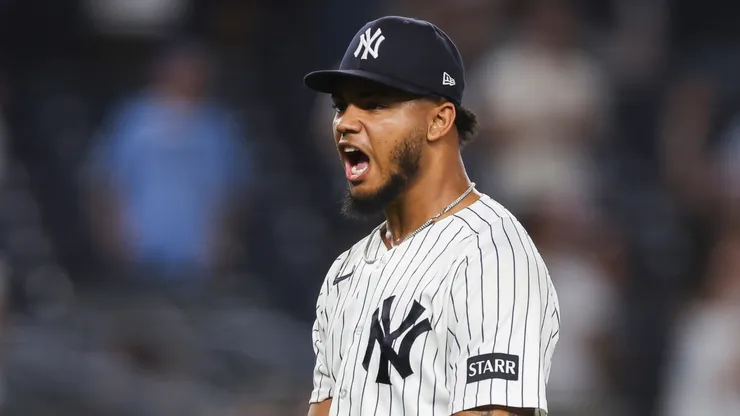 Camilo Doval #75 of the New York Yankees celebrates after pitching.