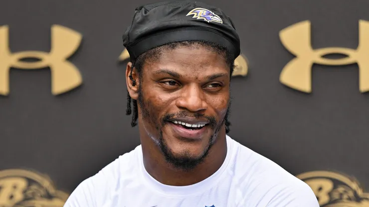 Quarterback Lamar Jackson #8 of the Baltimore Ravens meets with the media.