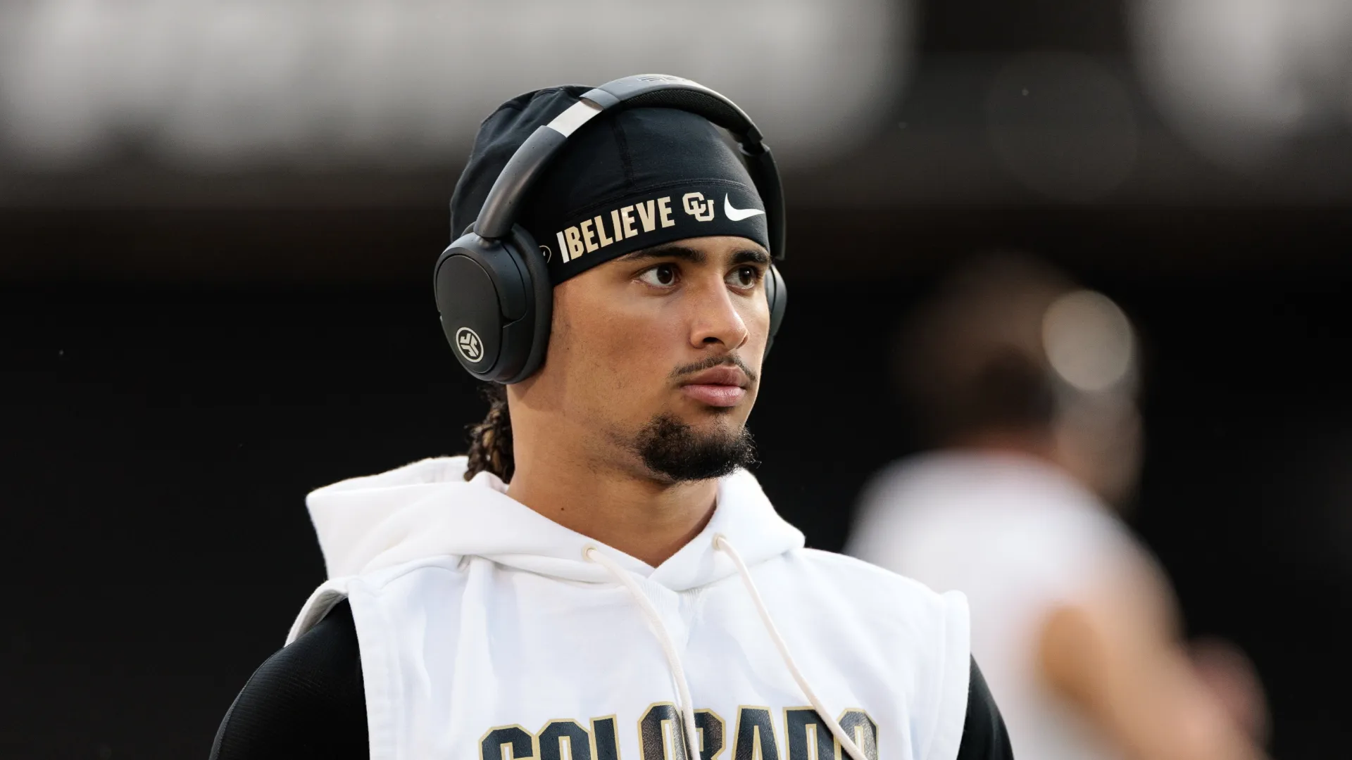 Julian Lewis #10 of the Colorado Buffaloes warms up prior to the game against the Wyoming Cowboys at Folsom Field on September 20, 2025 in Boulder, Colorado.