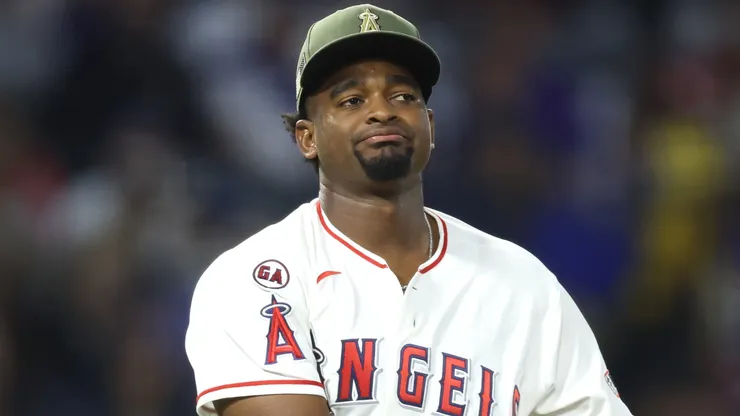 Jose Soriano #59 of the Los Angeles Angels reacts after walking in a run.