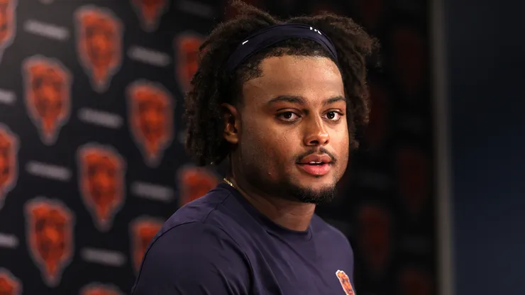 Coby Bryant #2 of the Chicago Bears speaks to media.