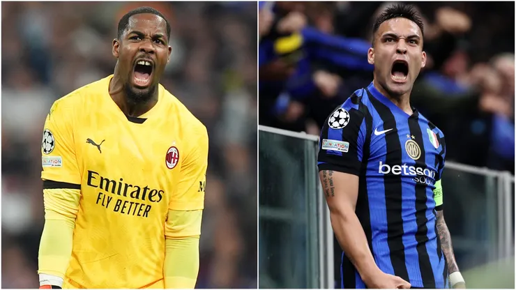 Mike Maignan of AC Milan and Lautaro Martinez of Inter Milan
