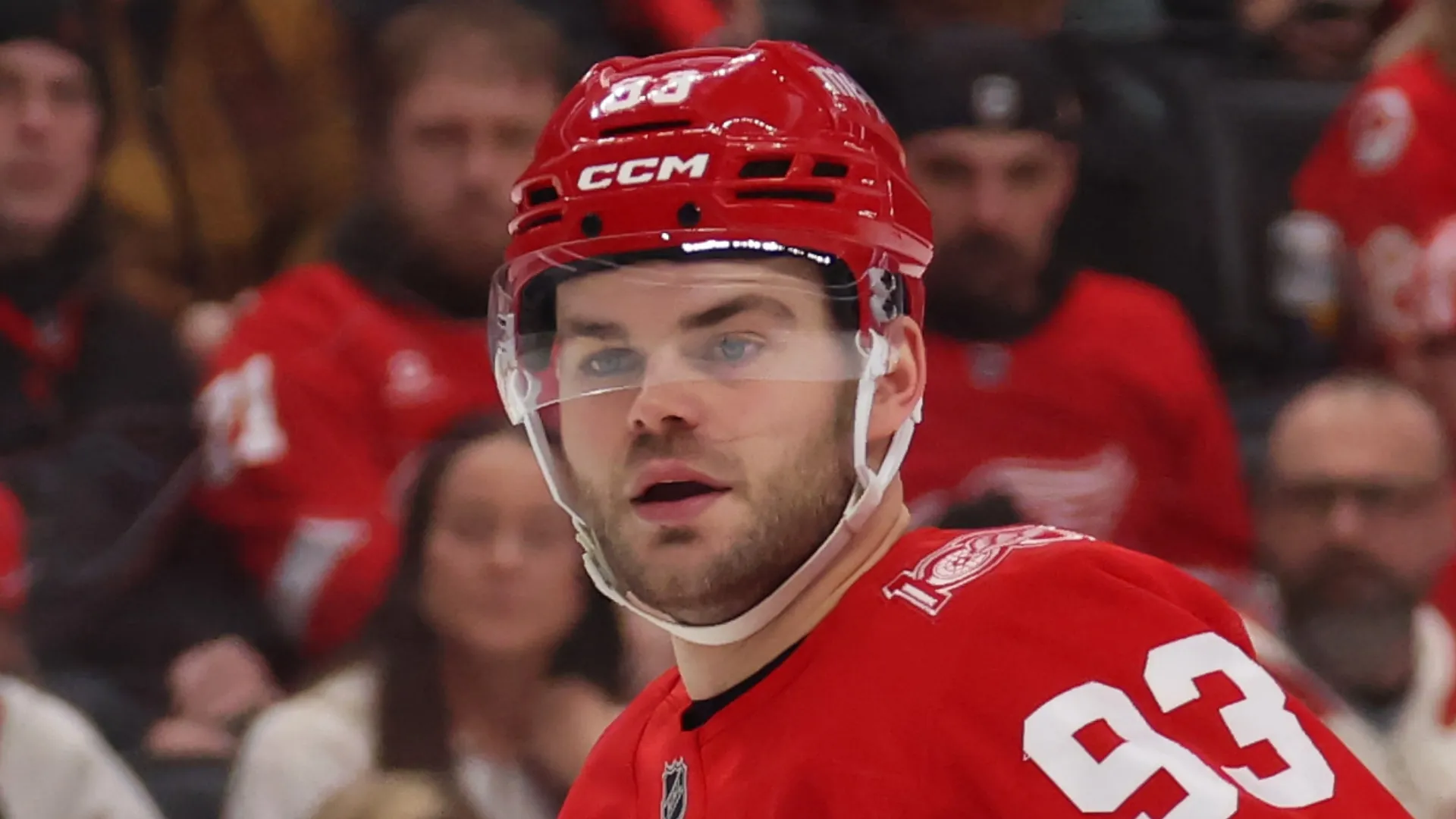 Alex DeBrincat #93 of the Detroit Red Wings plays against the Carolina Hurricanes at Little Caesars Arena on January 12, 2026 in Detroit, Michigan.
