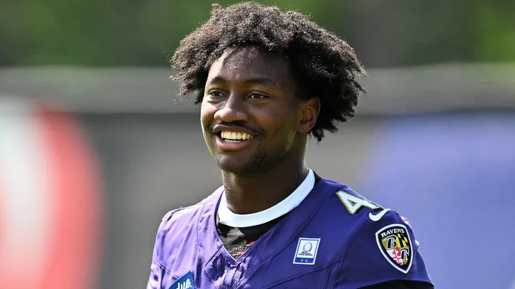 Zay Flowers #4 of the Baltimore Ravens participates in a drill on the first day of training camp.
