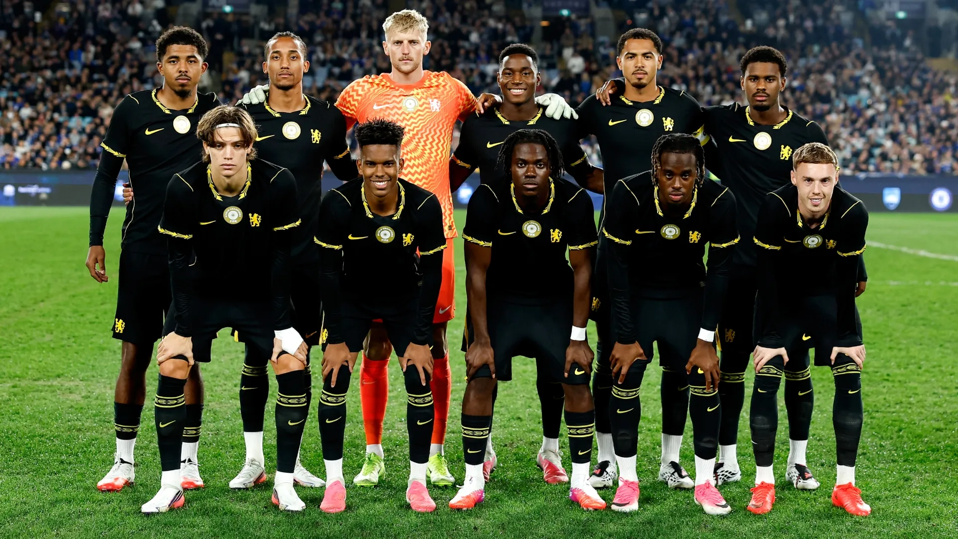 Chelsea players pose for a team photo during the Sydney Super Cup match (Source: Brendon Thorne/Getty Images)