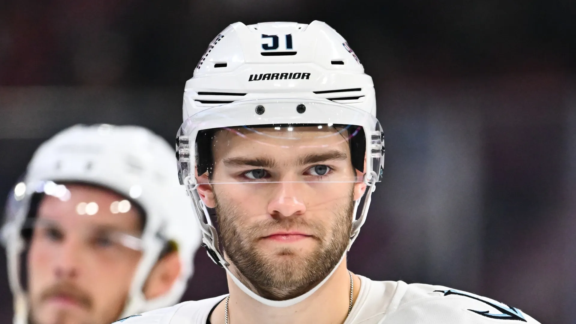 Shane Wright #51 of the Seattle Kraken looks on during the third period against the Montréal Canadiens at the Bell Centre on October 14, 2025 in Montreal, Quebec, Canada.