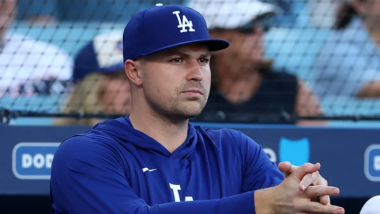 Tarik Skubal of the Los Angeles Dodgers looks on in the dugout.