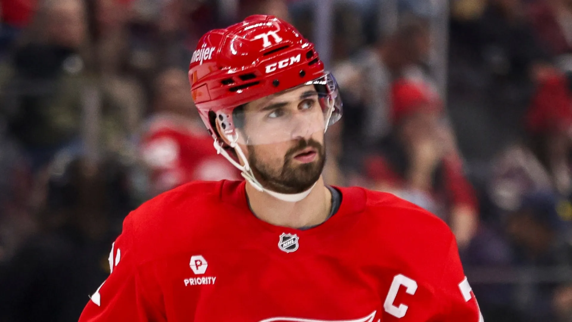 Dylan Larkin #71 of the Detroit Red Wings looks on during the third period of a game against the Boston Bruins at Little Caesars Arena on November 23, 2024 in Detroit, Michigan