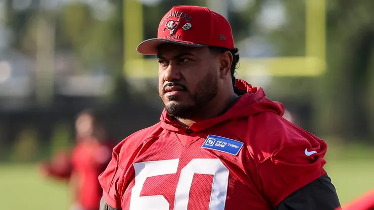 Vita Vea #50 of the Tampa Bay Buccaneers watches drills during training camp.