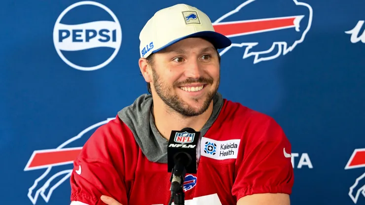 Josh Allen #17 of the Buffalo Bills addresses the media.