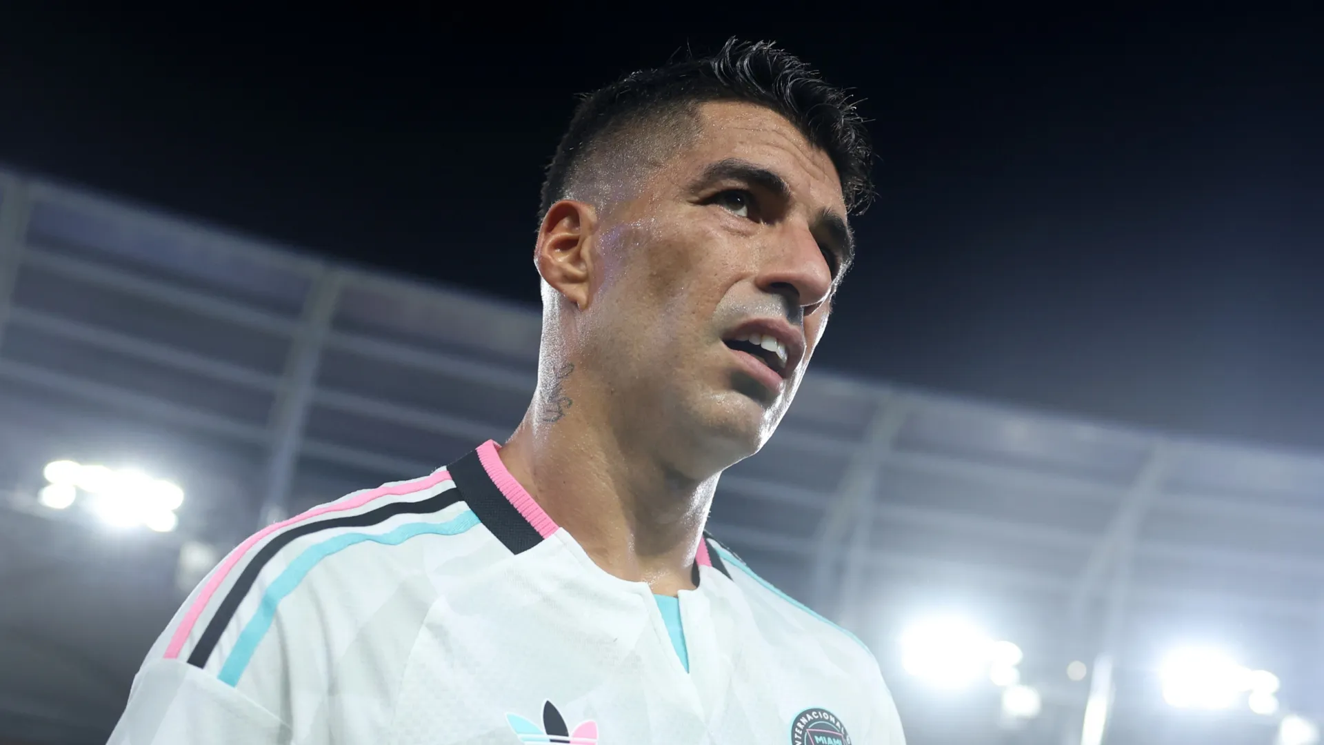 Luis Suárez #9 of Inter Miami CF reacts after the MLS match between Inter Miami CF and Columbus Crew at Nu Stadium on August 01, 2026 in Miami, Florida.