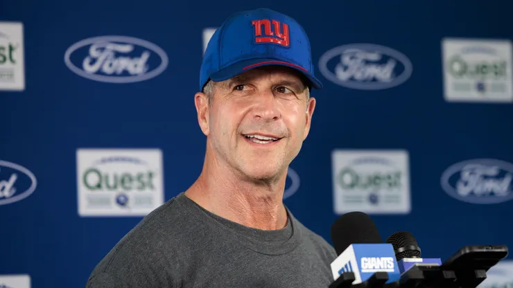 Head coach John Harbaugh of the New York Giants speaks with the media.