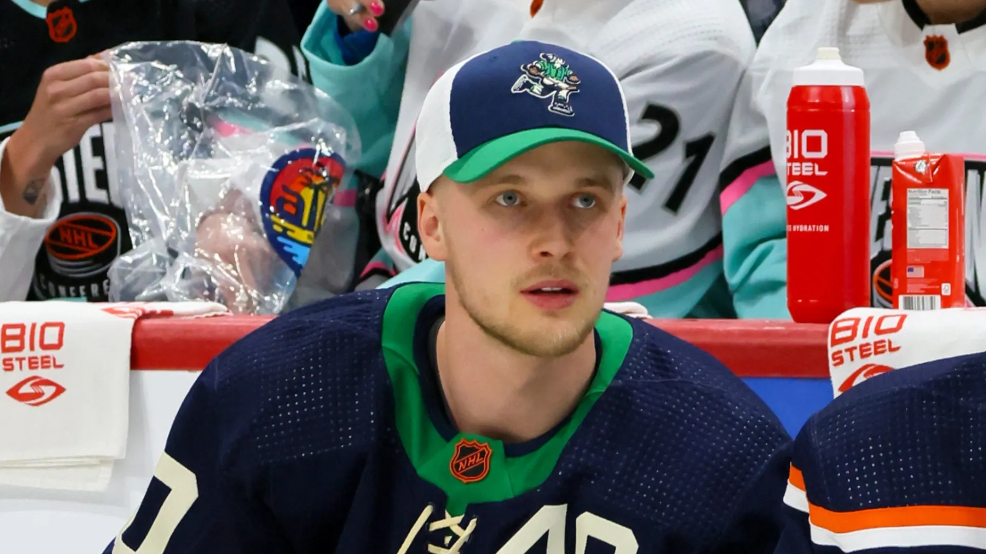 Elias Pettersson #40 of the Vancouver Canucks talks with Bo Horvat #14 of the New York Islanders during the 2023 NHL All-Star Skills Competition at FLA Live Arena on February 03, 2023 in Sunrise, Florida