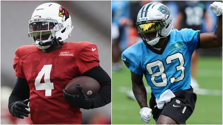 Jeremiyah Love #4 of the Arizona Cardinals and David Moore #83 of the Carolina Panthers