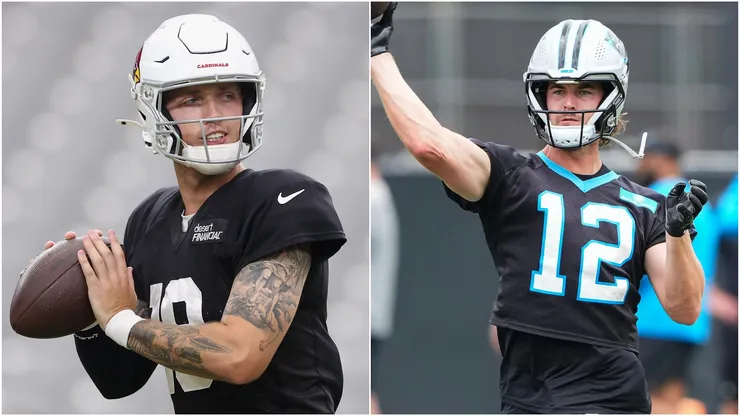 Carson Beck #19 of the Arizona Cardinals and Kenny Pickett #12 of the Carolina Panthers