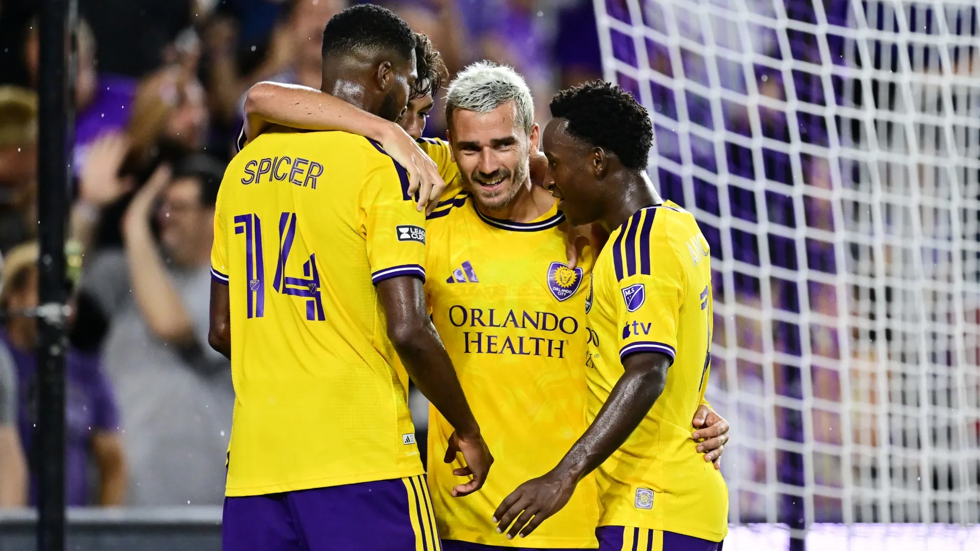 Antoine Griezmann, Tyrese Spicer and Ivan Angulo of Orlando City (Source: Julio Aguilar/Getty Images)