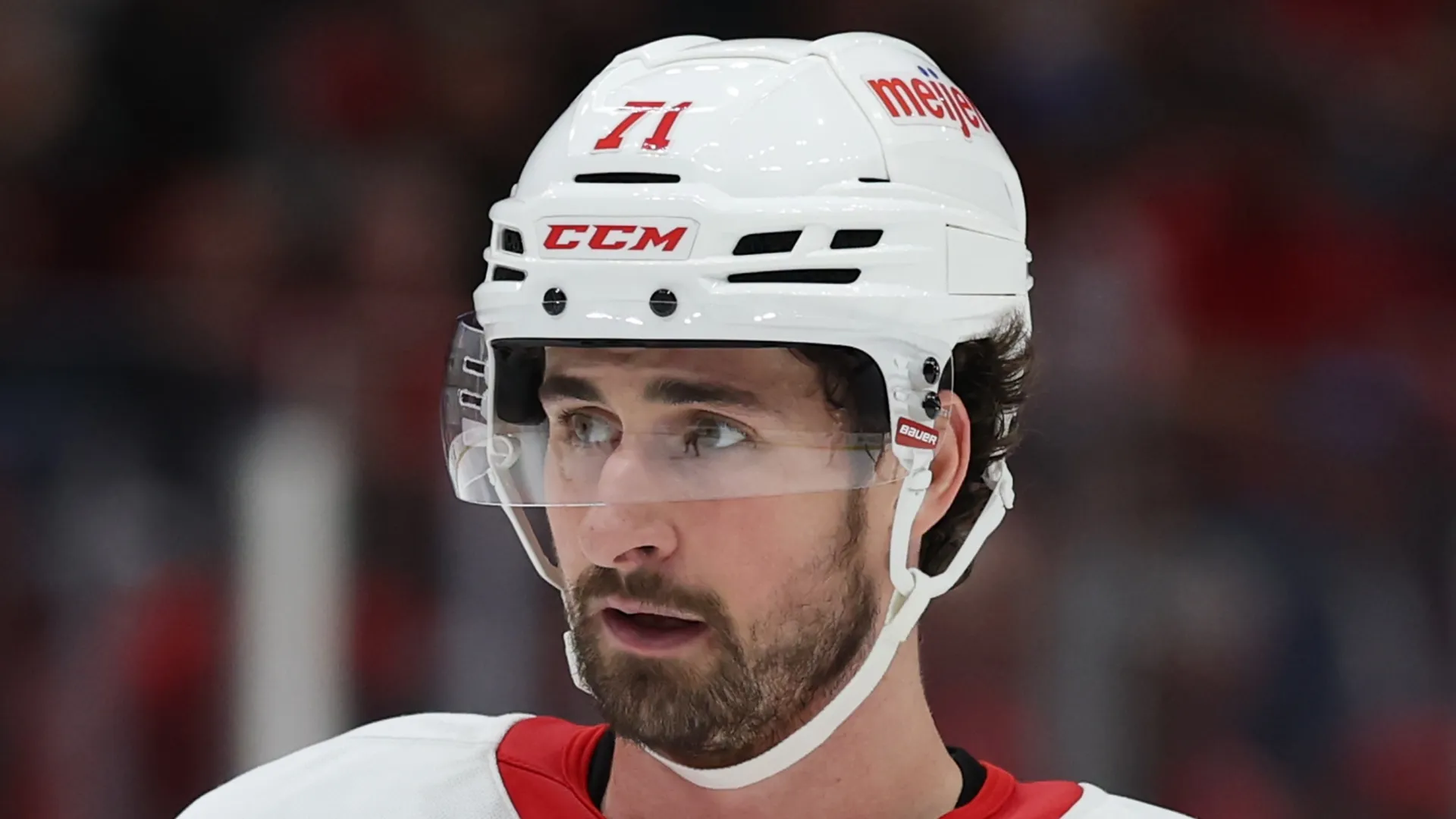 Dylan Larkin #71 of the Detroit Red Wings looks on against the Washington Capitals during the third period at Capital One Arena on March 18, 2025 in Washington, DC.