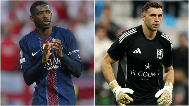 Ousmane Dembele of Paris Saint-Germain and Emiliano Martinez of Aston Villa