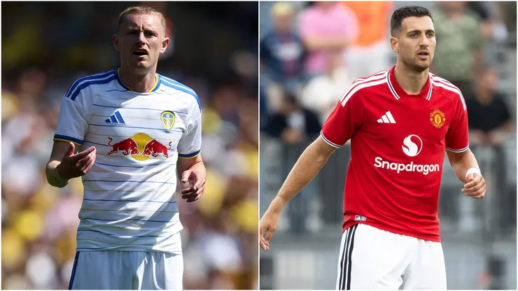 Sean Longstaff of Leeds United and Diogo Dalot of Manchester United