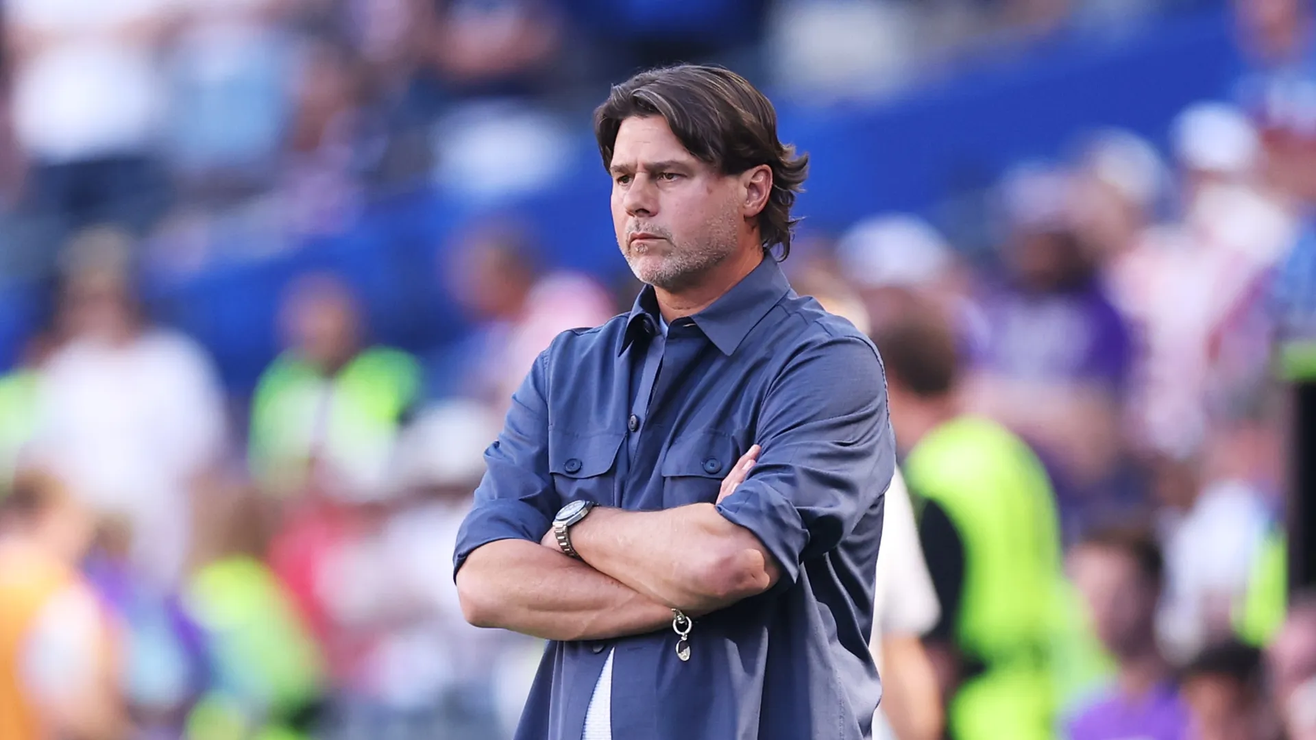 Mauricio Pochettino with arms crossed during a USA World Cup game in 2026