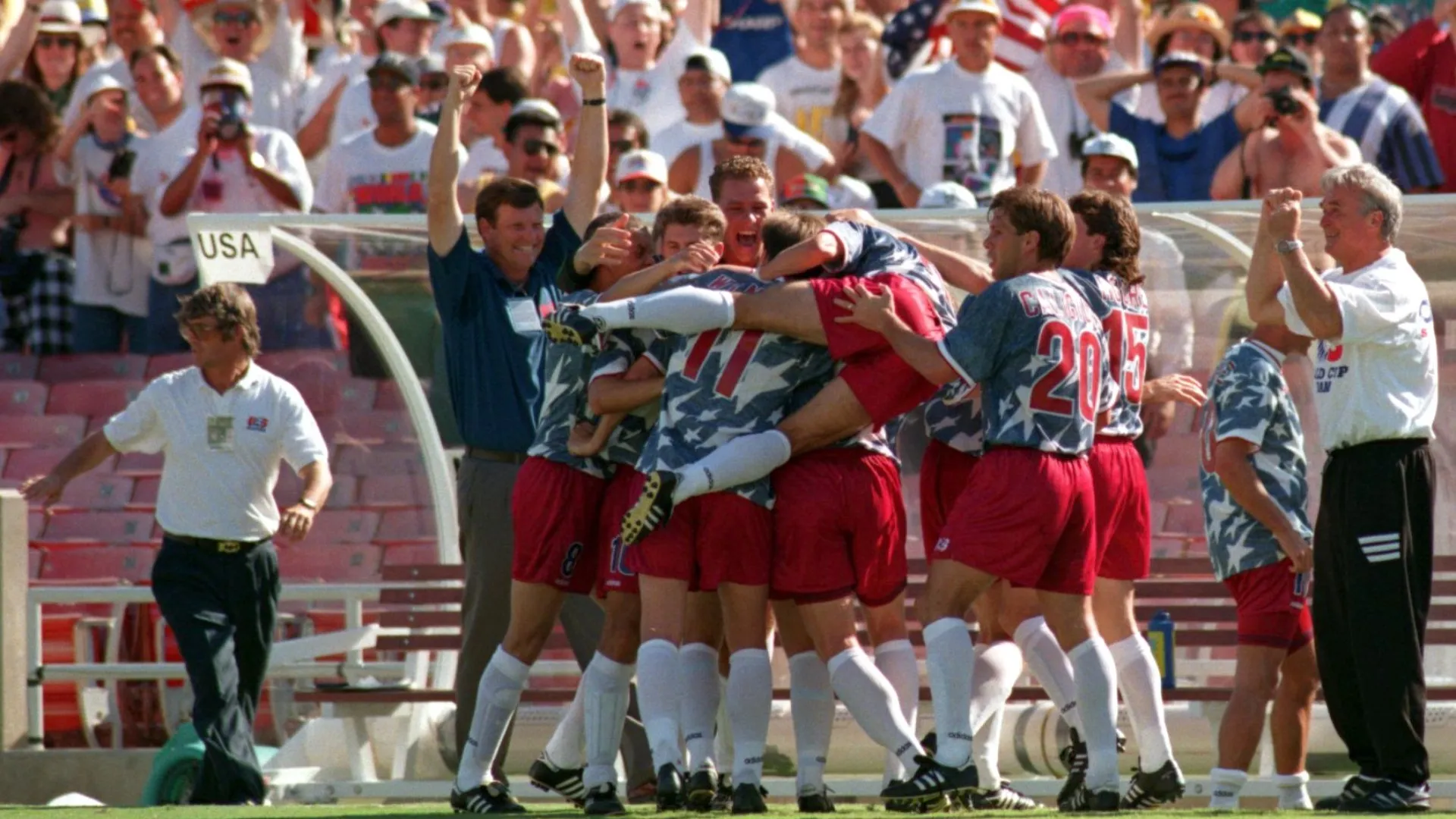 USA players celebrate a goal at the 1994 World Cup