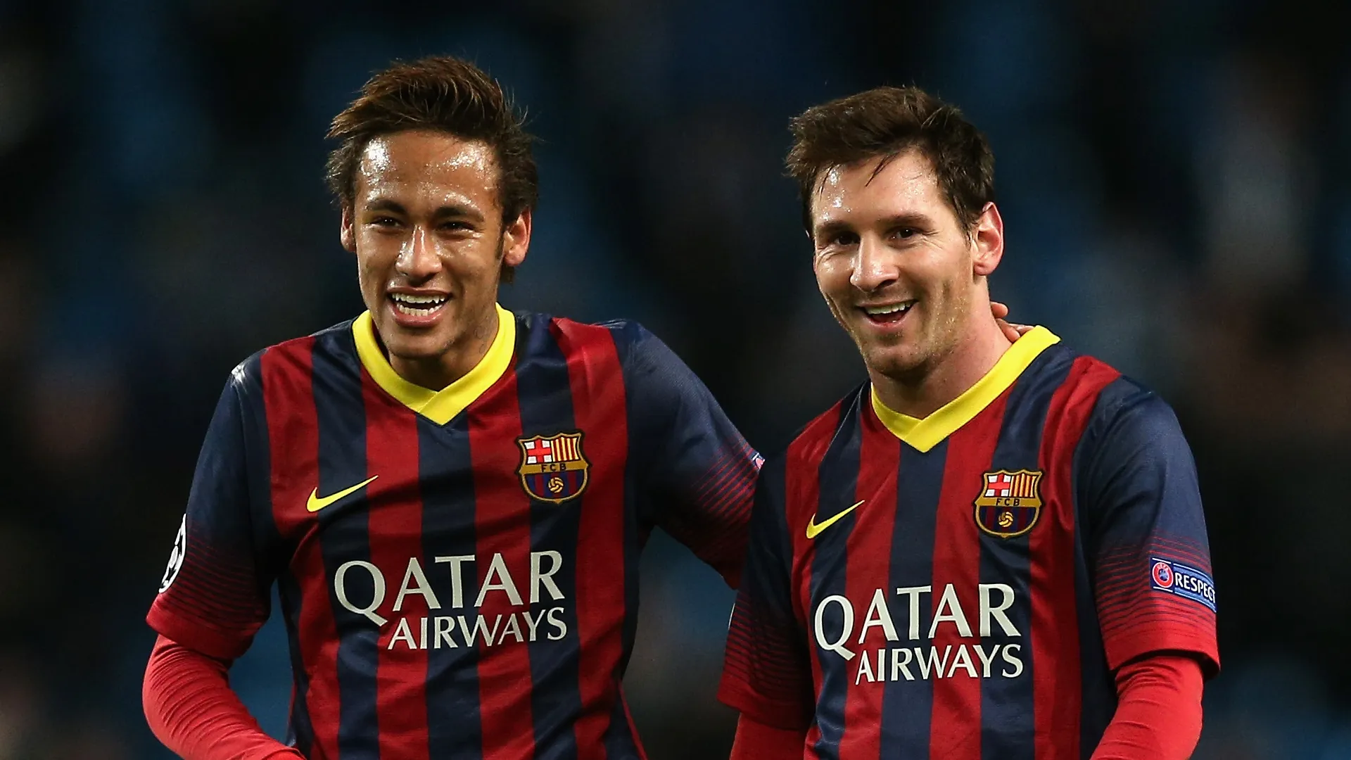 Neymar and Lionel Messi during a Barcelona match.